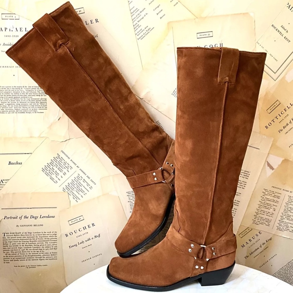 Free People Lockhart Harness Tall Boots Western Pull On Tan Brown Suede